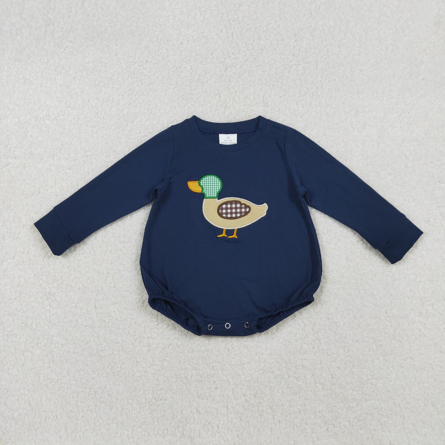 LR2436 Duck Embroidery Navy Baby Boys Fall Bubble Romper