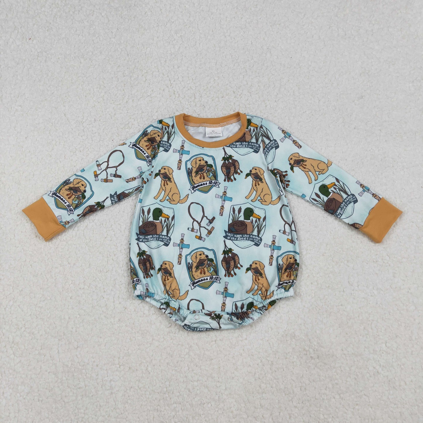 LR2439 Dog Duck Hunting Print Baby Boys Fall Bubble Romper