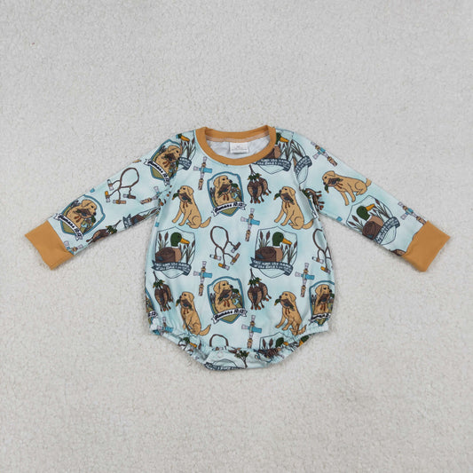 LR2439 Dog Duck Hunting Print Baby Boys Fall Bubble Romper