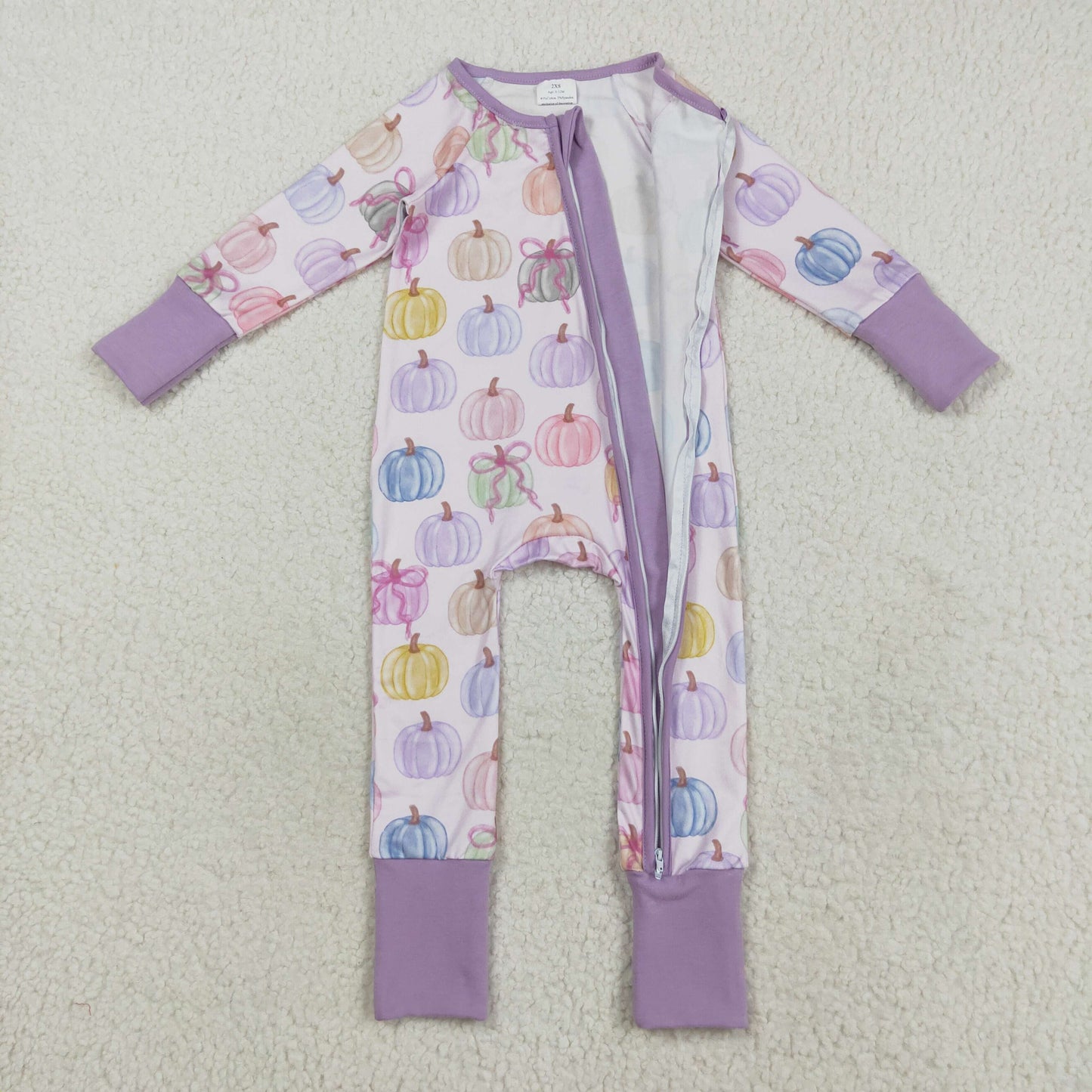 LR2442 Colorful Pumpkin Print Baby Girls Fall Zipper Sleeper Romper