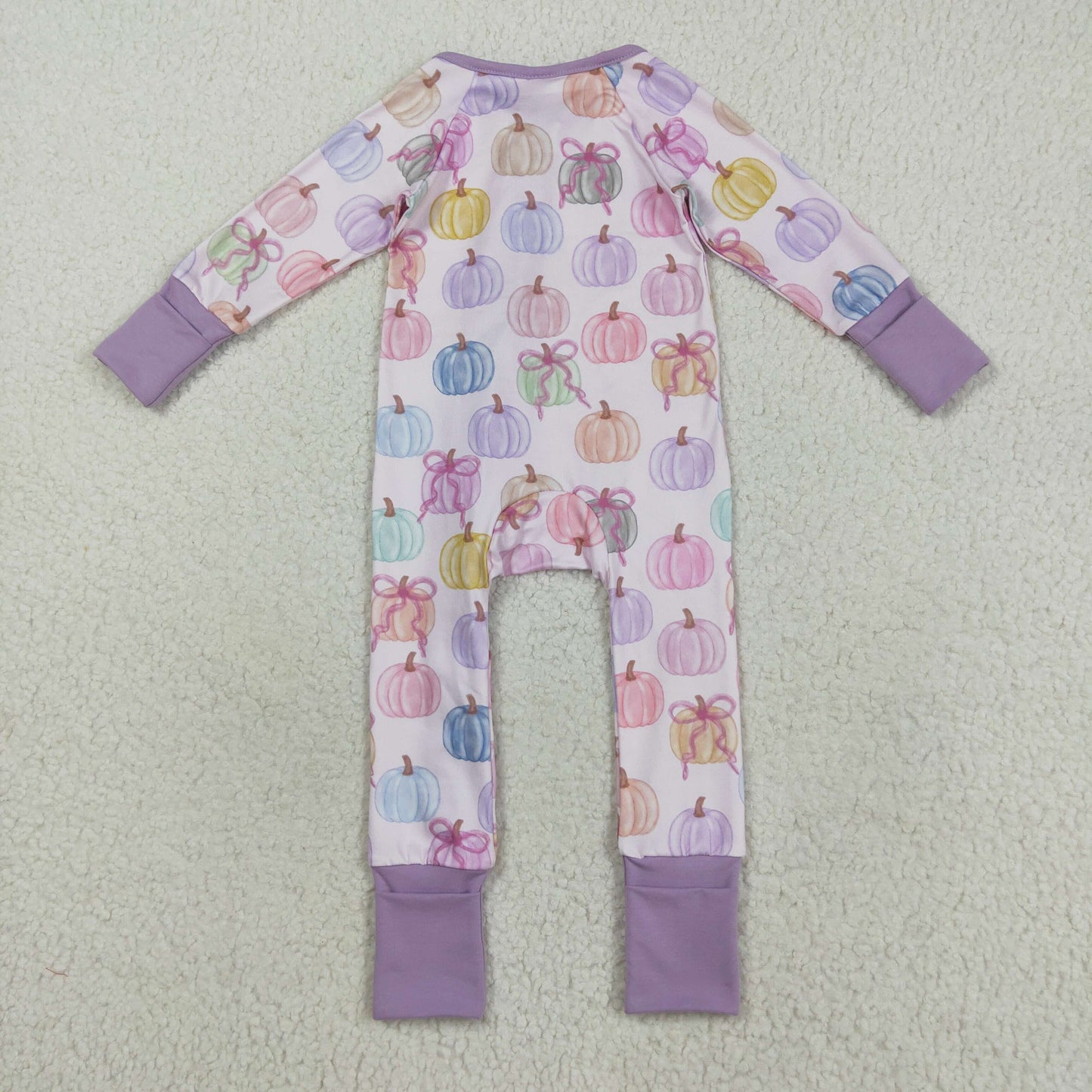 LR2442 Colorful Pumpkin Print Baby Girls Fall Zipper Sleeper Romper