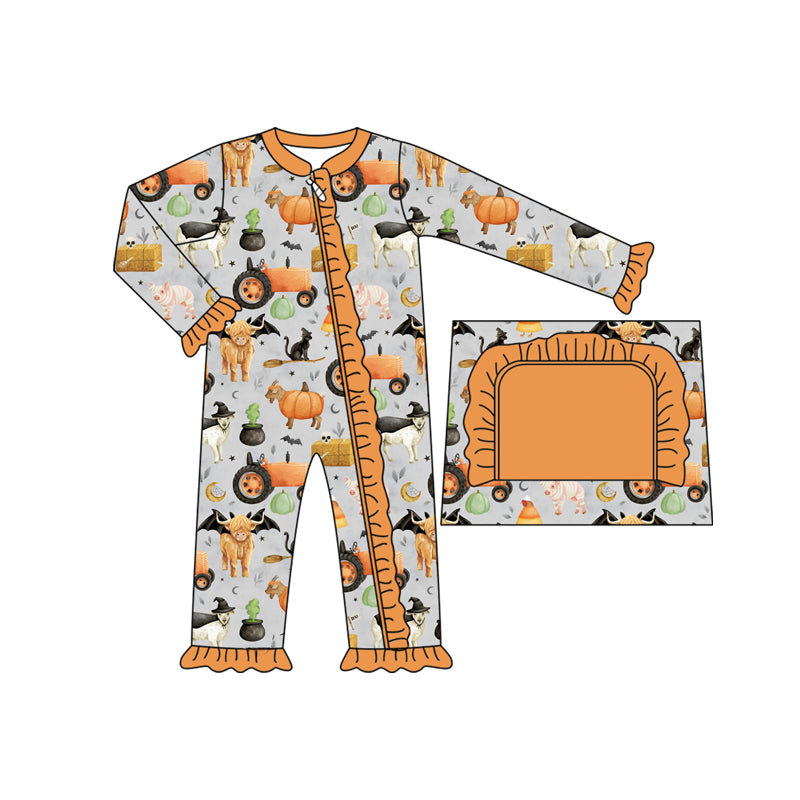(Pre-order)LR2443 Farm Animals Pumpkin Print Baby Girls Halloween Zipper Sleeper Romper