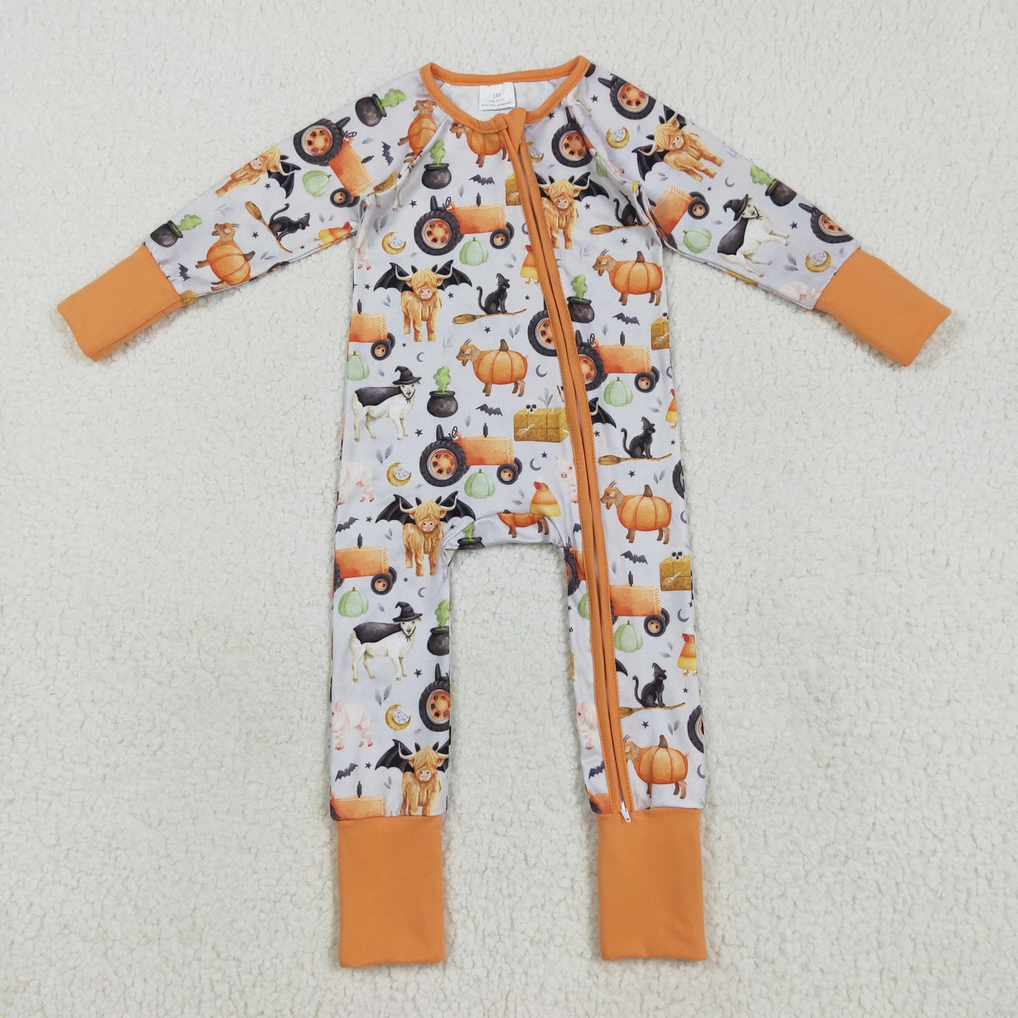 LR2444 Farm Animals Pumpkin Print Baby Boys Halloween Zipper Sleeper Romper