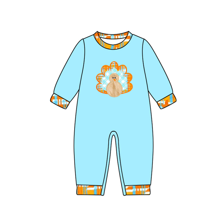 (Pre-order)LR2450 Turkey Blue Print Baby Boys Thanksgiving Romper
