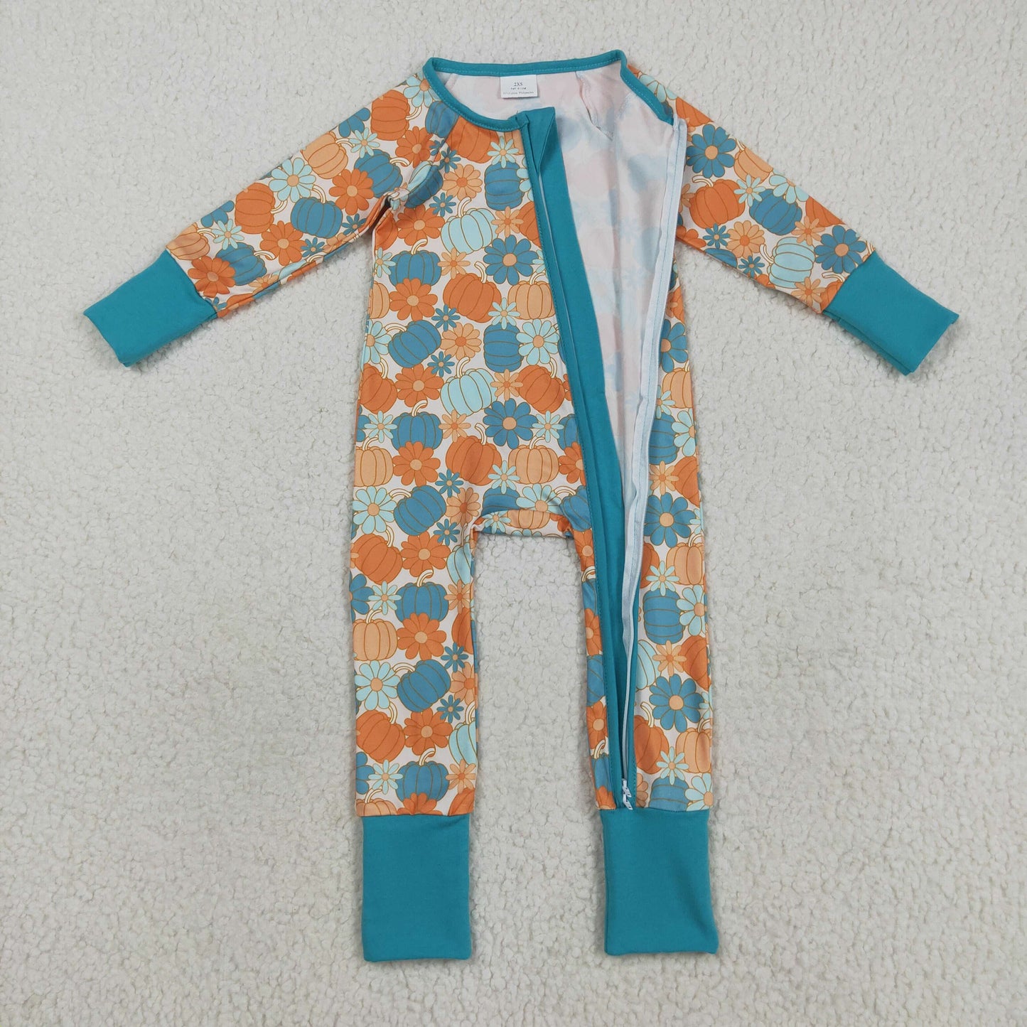 LR2461 Pumpkin Flowers Print Baby Girls Fall Zipper Sleeper Romper
