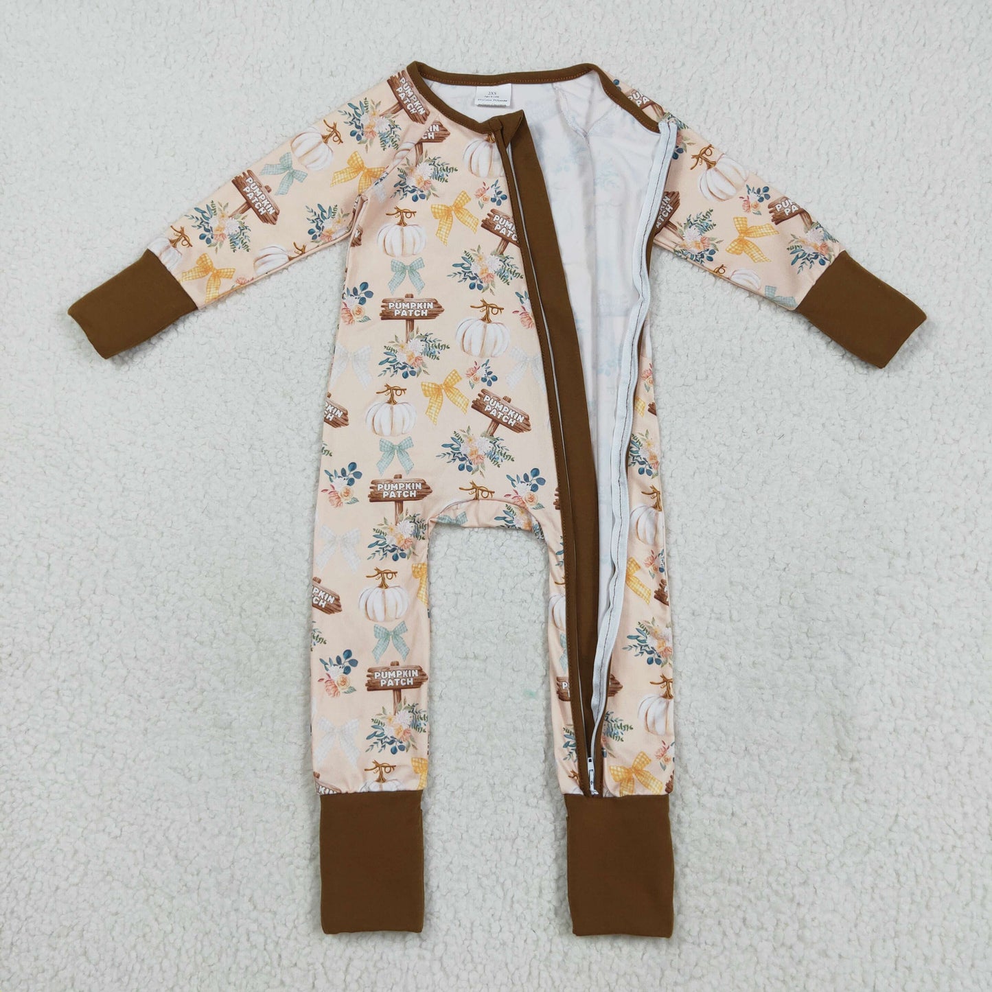 LR2462 Pumpkin PATCH Flowers Print Baby Girls Fall Zipper Sleeper Romper