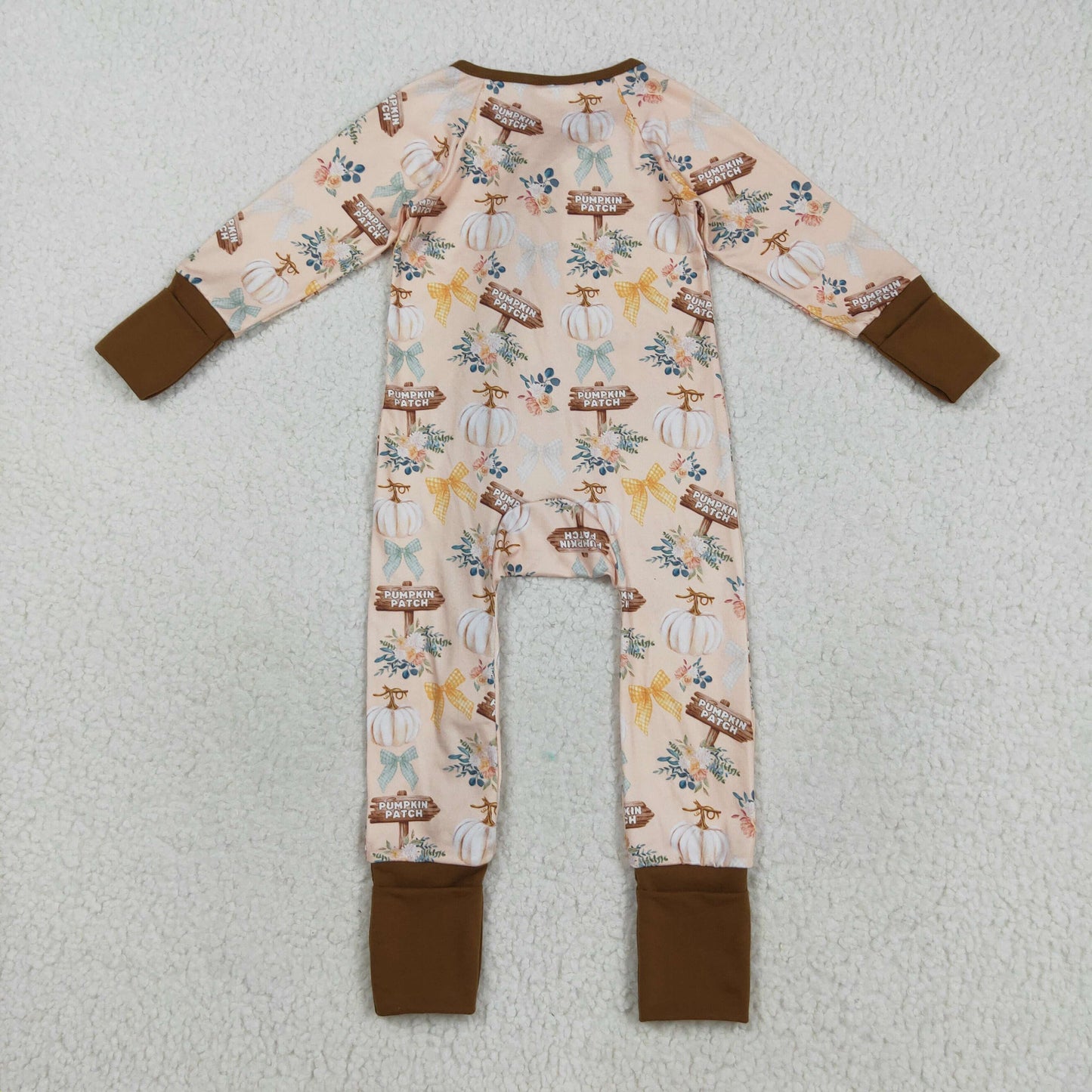 LR2462 Pumpkin PATCH Flowers Print Baby Girls Fall Zipper Sleeper Romper