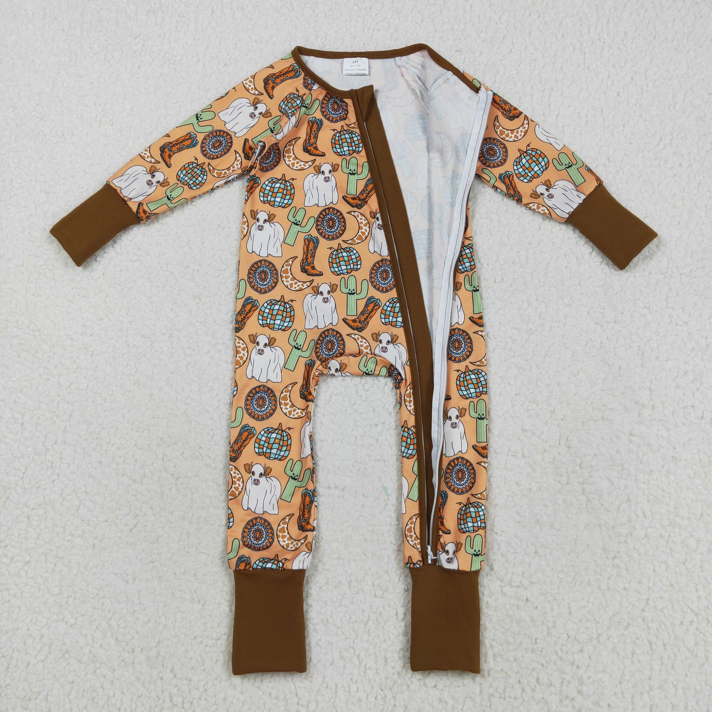 LR2463 Pumpkin Western Print Baby Halloween Zipper Sleeper Romper