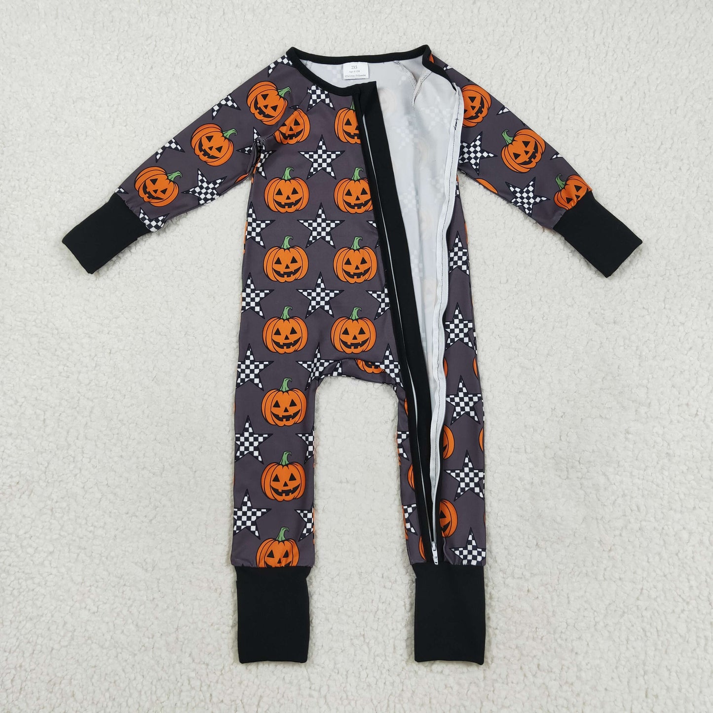LR2464 Pumpkin Stars Print Baby Boys Halloween Zipper Sleeper Romper