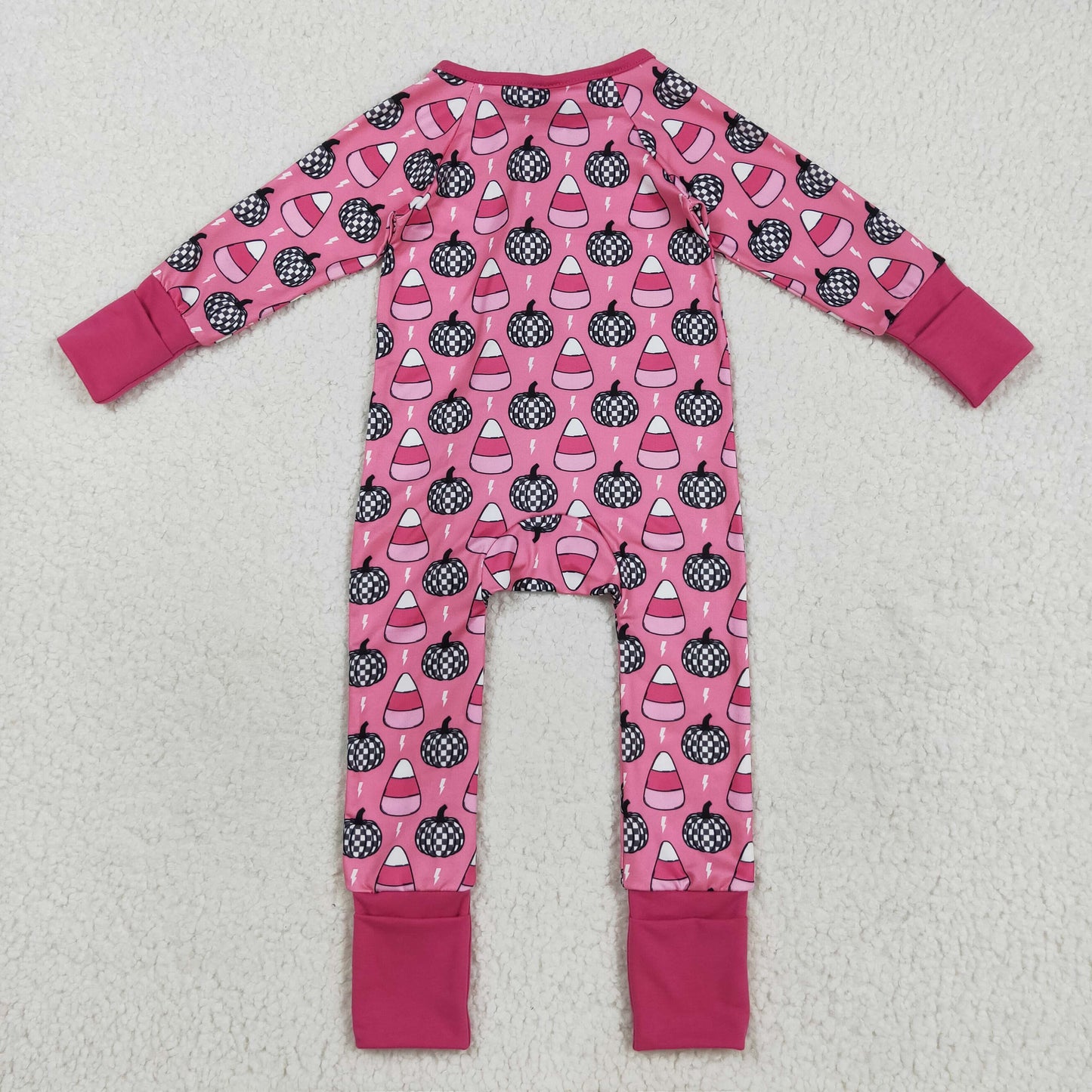 LR2467 Pumpkin Candy Pink Print Baby Girls Halloween Zipper Sleeper Romper