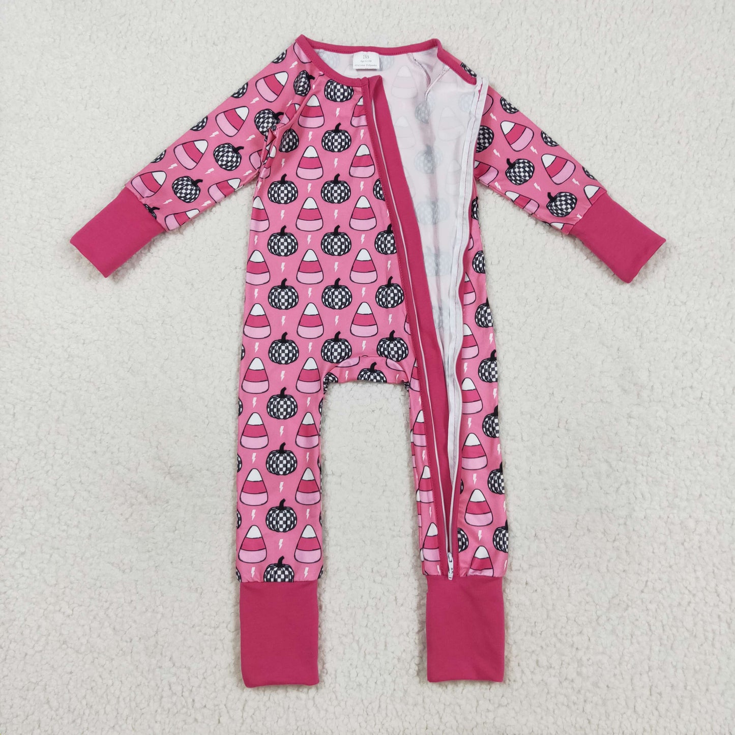 LR2467 Pumpkin Candy Pink Print Baby Girls Halloween Zipper Sleeper Romper