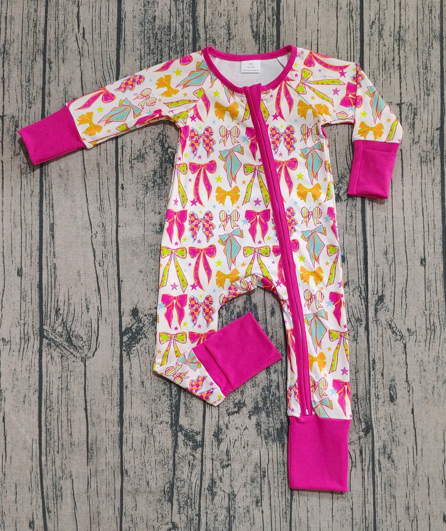(Custom Design Preorder MOQ 20) Colorful Bows Print Baby Girls Fall Long Sleeve Bamboo Sleeper Zipper Romper