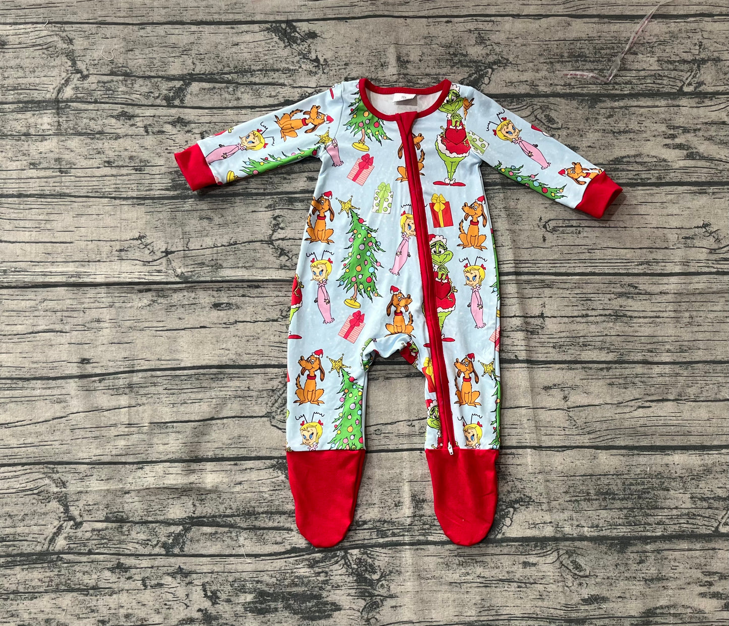 (Custom Design Preorder MOQ 20) Green Frog Blue Print Baby Boys Christmas Long Sleeve Bamboo Sleeper Zipper Romper