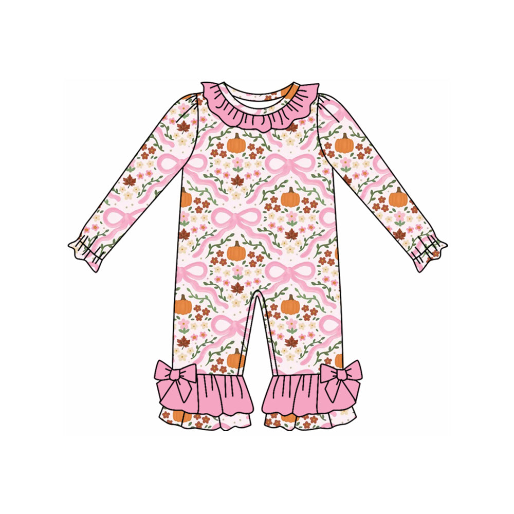 (Pre-order)LR2479 Pumpkin Flowers Bows Print Baby Girls Fall Romper