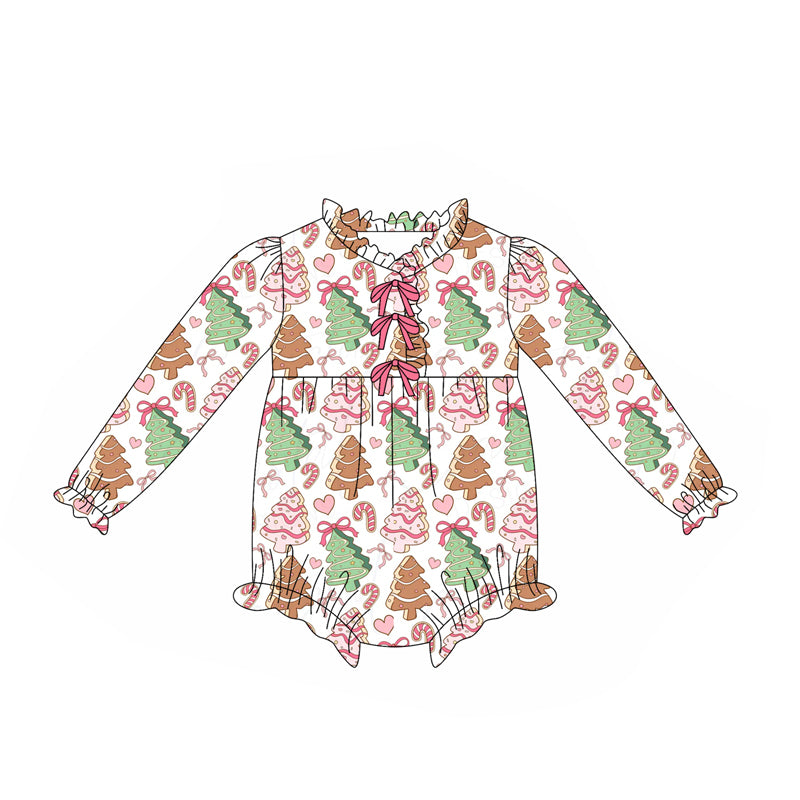 (Pre-order)LR2483 Debbie Cake Bows Print Baby Girls Christmas Romper
