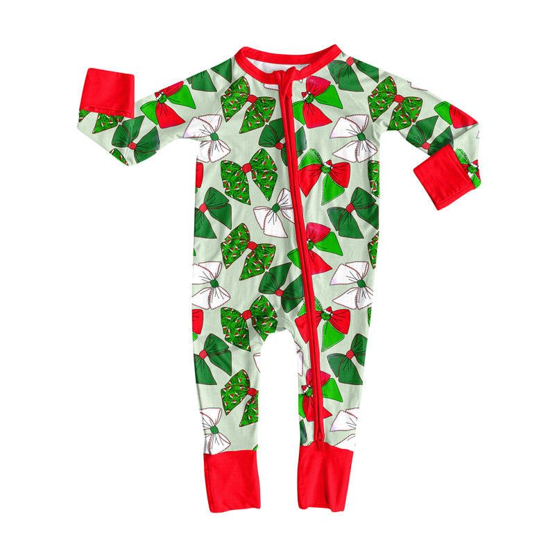 (Pre-order)LR2485 Green Frog Bows Print Baby Girls Christmas Zipper Sleeper Romper
