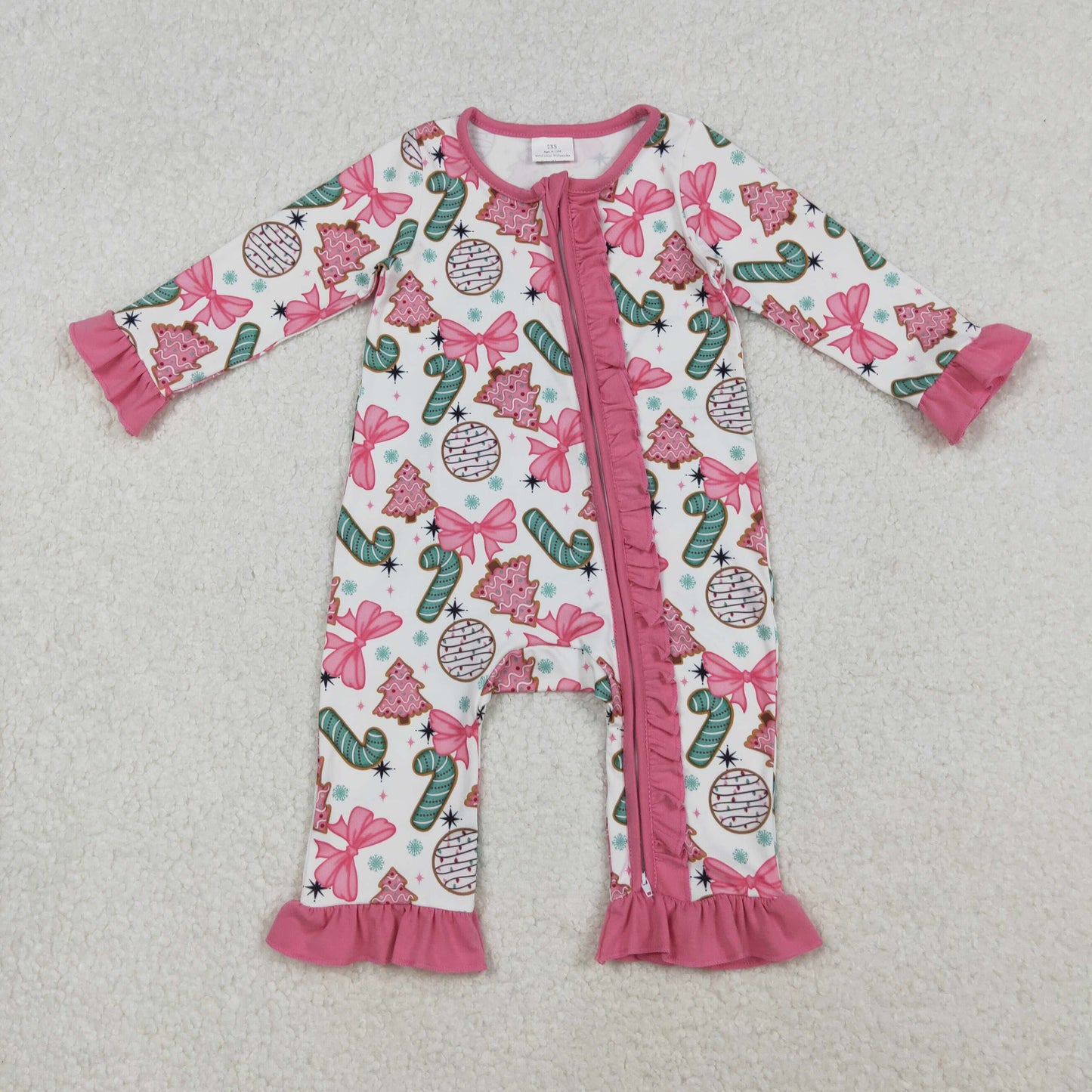 LR2486 Candy Cake Bows Print Baby Girls Christmas Zipper Sleeper Romper