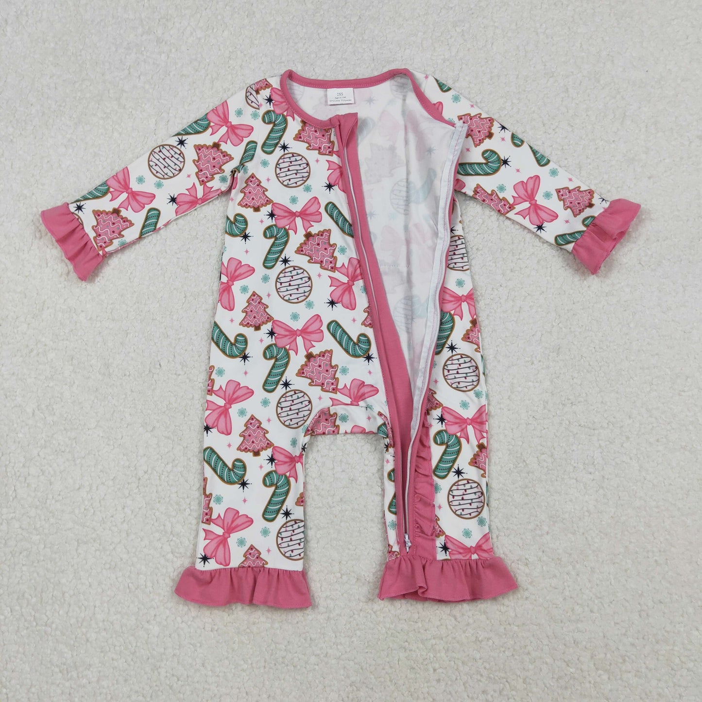 LR2486 Candy Cake Bows Print Baby Girls Christmas Zipper Sleeper Romper