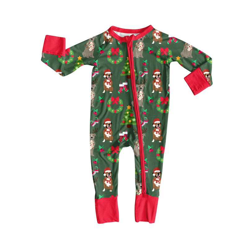 (Pre-order)LR2487 Dog Holly Bows Print Baby Girls Christmas Zipper Sleeper Romper