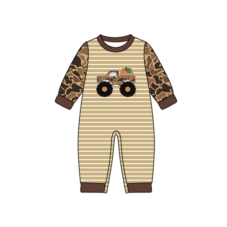 (Pre-order)LR2491 Trucks Pumpkin Brown Camo Print Baby Boys Fall Romper