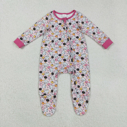 LR2506  Spooky Pumpkin Print Baby Girls Halloween Zipper Sleeper Romper