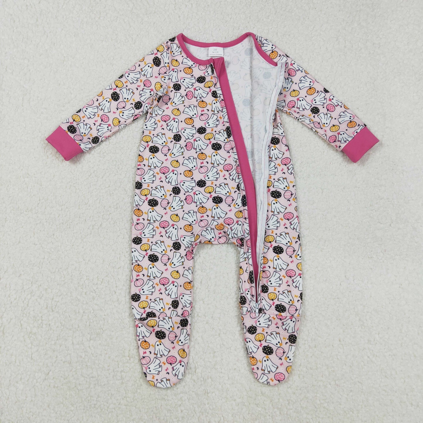 LR2506  Spooky Pumpkin Print Baby Girls Halloween Zipper Sleeper Romper