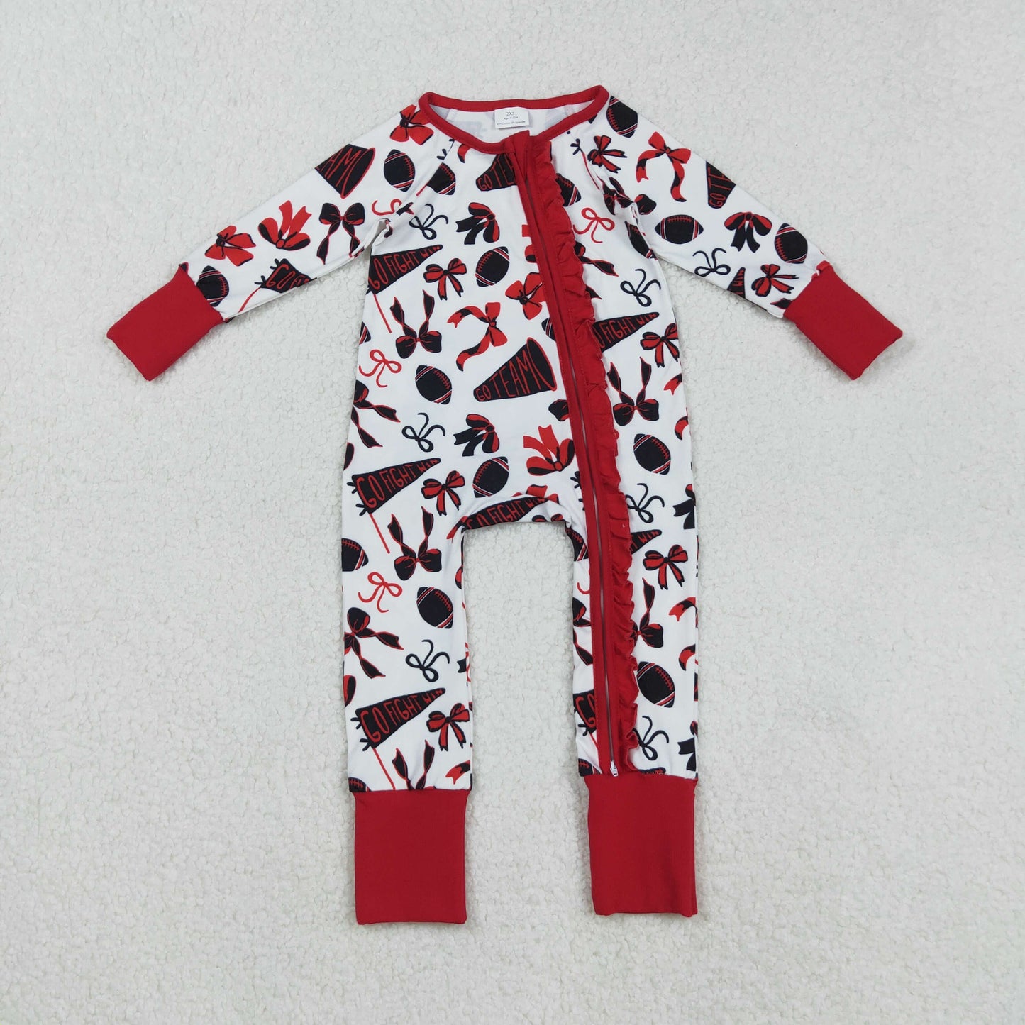 LR2512 Go Team Cheer Bows Red Print Baby Girls Fall Zipper Sleeper Romper