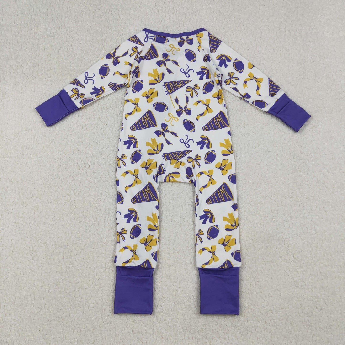 LR2513 Go Team Cheer Bows Purple Print Baby Girls Fall Zipper Sleeper Romper