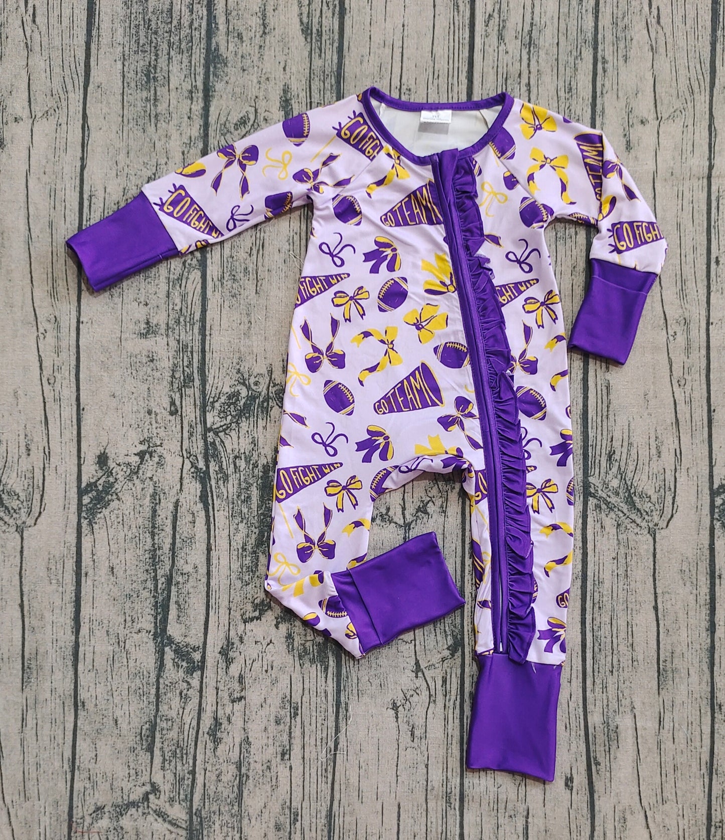 (Custom Design Preorder MOQ 20) Purple Bows Cheer Print Baby Girls Fall Long Sleeve Bamboo Sleeper Zipper Romper