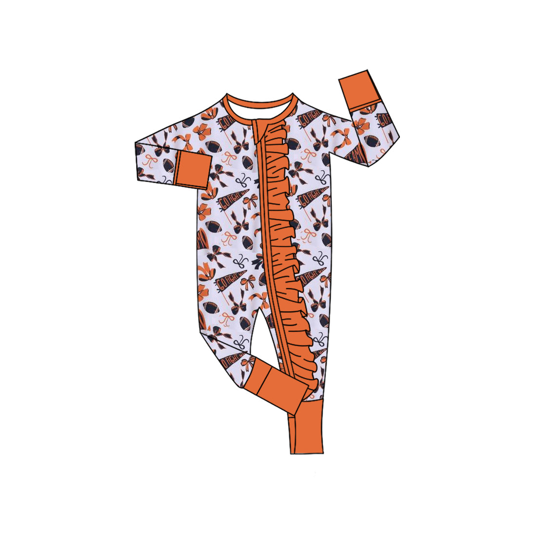 (Pre-order)LR2514 Cheer Bows Orange Print Baby Girls Fall Zipper Sleeper Romper