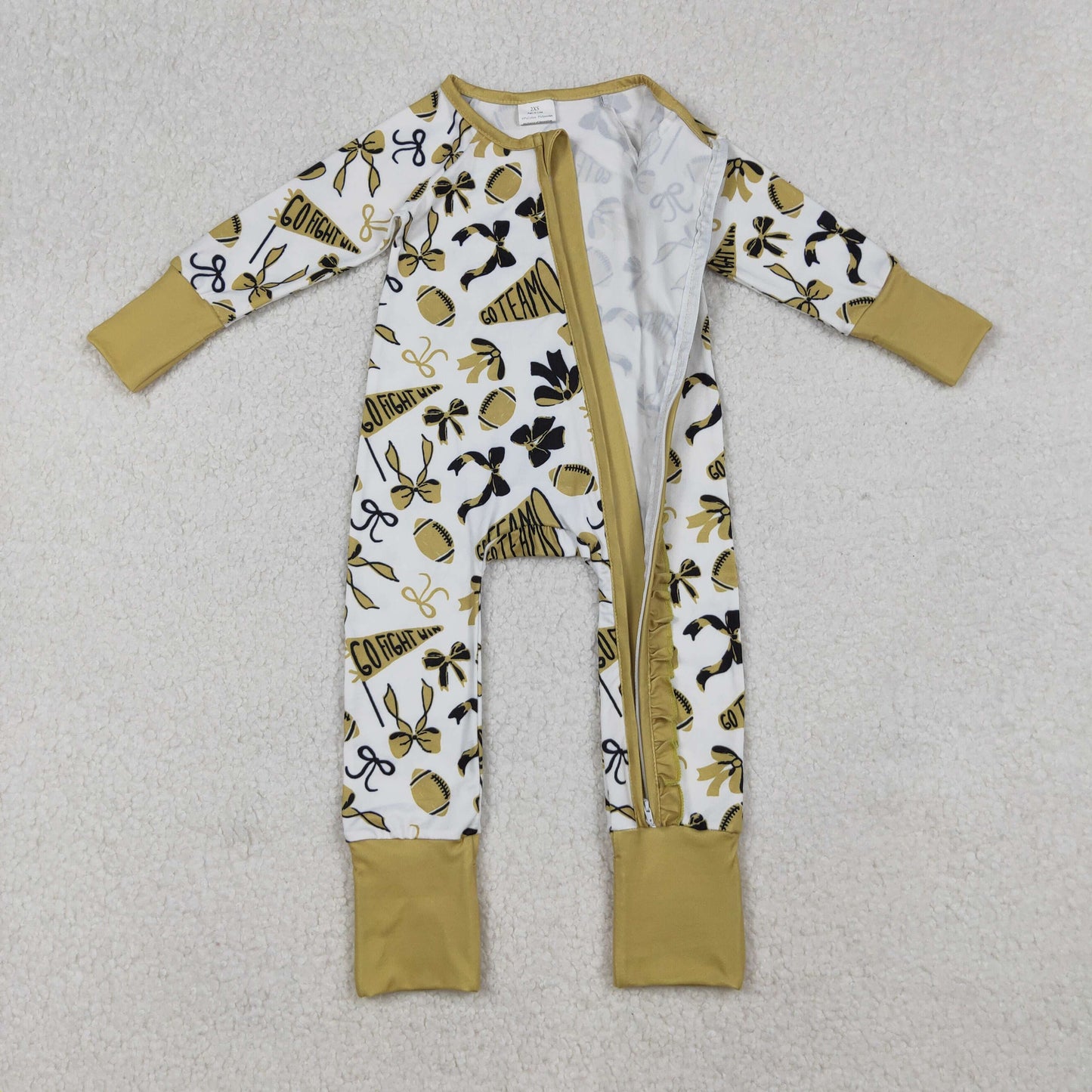 LR2515 Go Team Cheer Bows Gold Print Baby Girls Fall Zipper Sleeper Romper