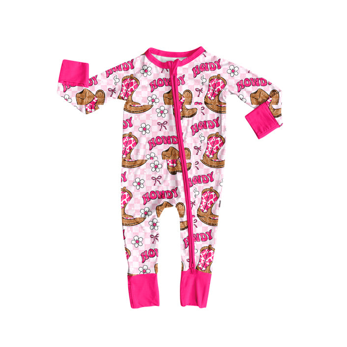 (Pre-order)LR2516 Howdy Boots Hat Plaid Print Baby Girls Zipper Sleeper Romper