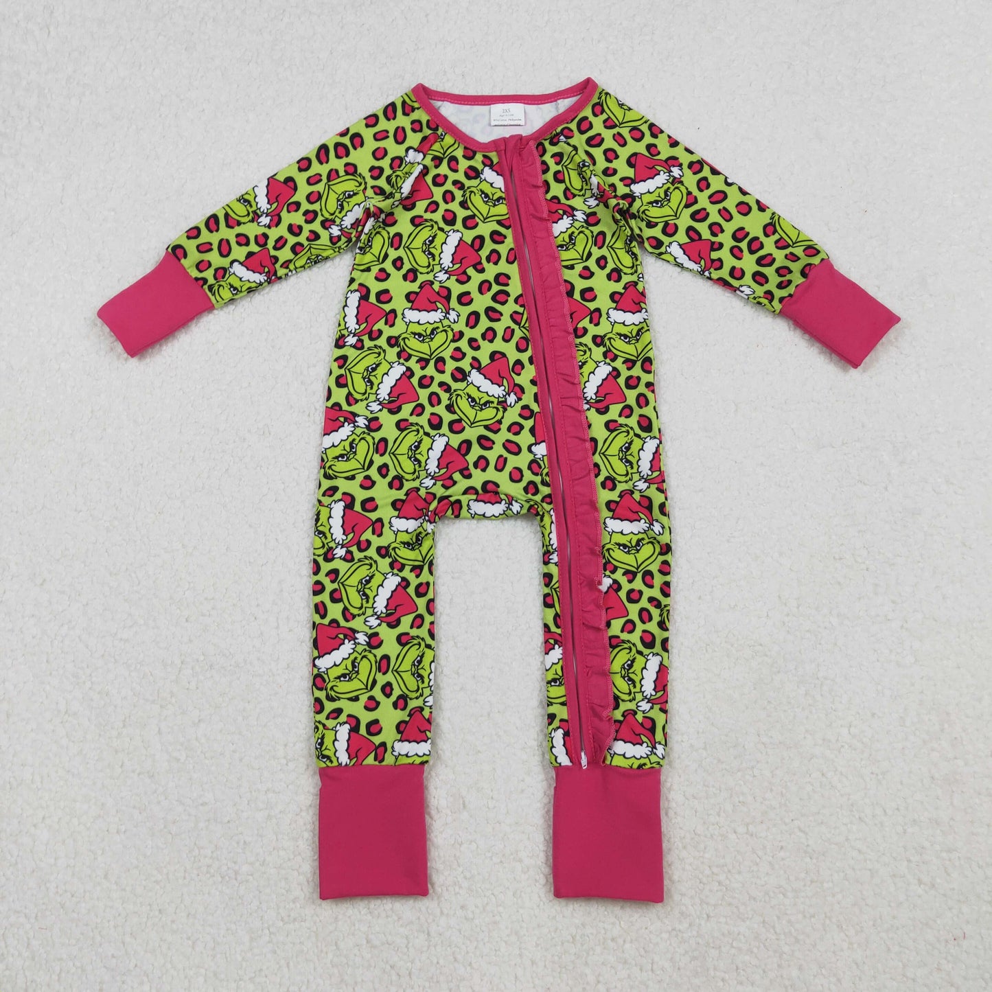 LR2520 Green Frog Leopard Print Baby Girls Christmas Zipper Sleeper Romper
