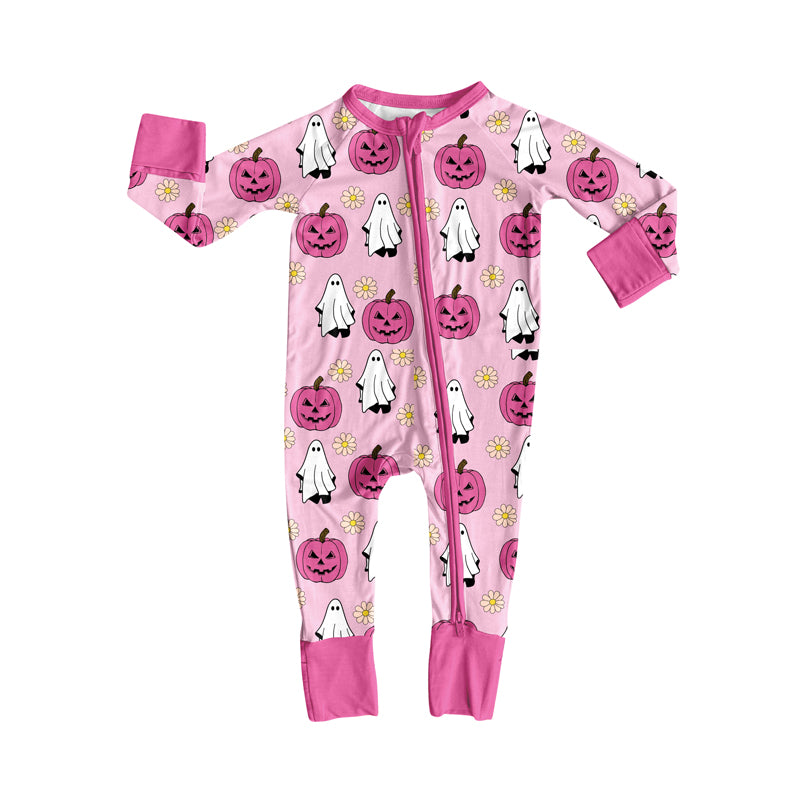 (Pre-order)LR2522 Spooky Pumpkin Pink Print Baby Girls Halloween Zipper Sleeper Romper