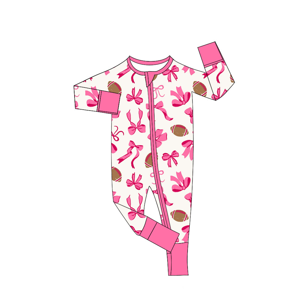 (Pre-order)LR2526 Football Bows Print Baby Girls Fall Zipper Sleeper Romper