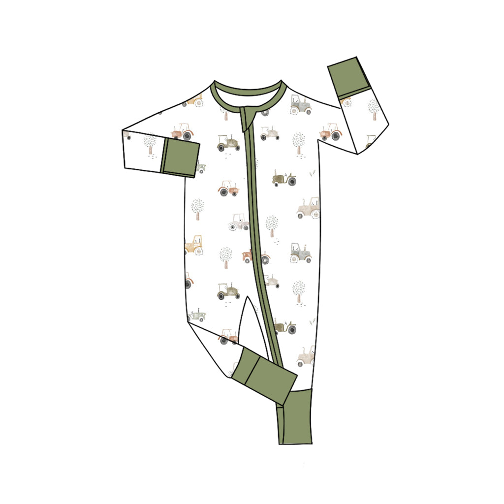 (Pre-order)LR2532 Tractors Print Baby Boys Fall Zipper Sleeper Romper