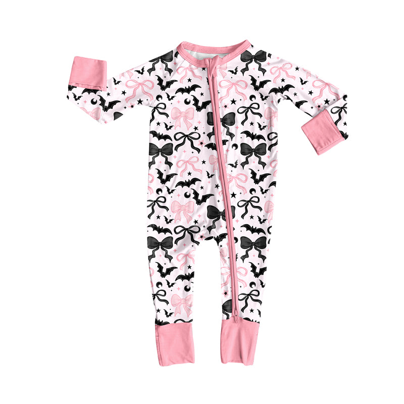 (Pre-order)LR2536 Bat Bows Print Baby Girls Halloween Zipper Sleeper Romper