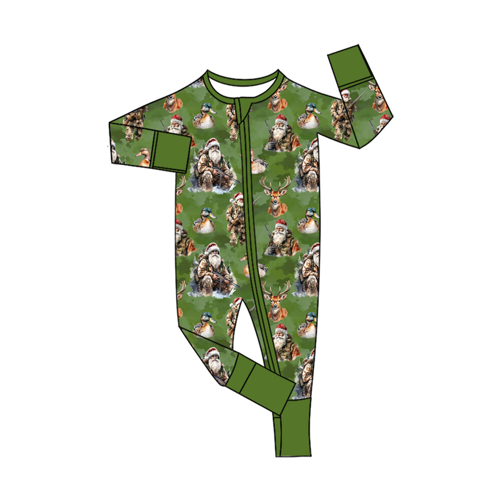 (Pre-order)LR2538 Santa Hunting Print Baby Boys Christmas Zipper Sleeper Romper