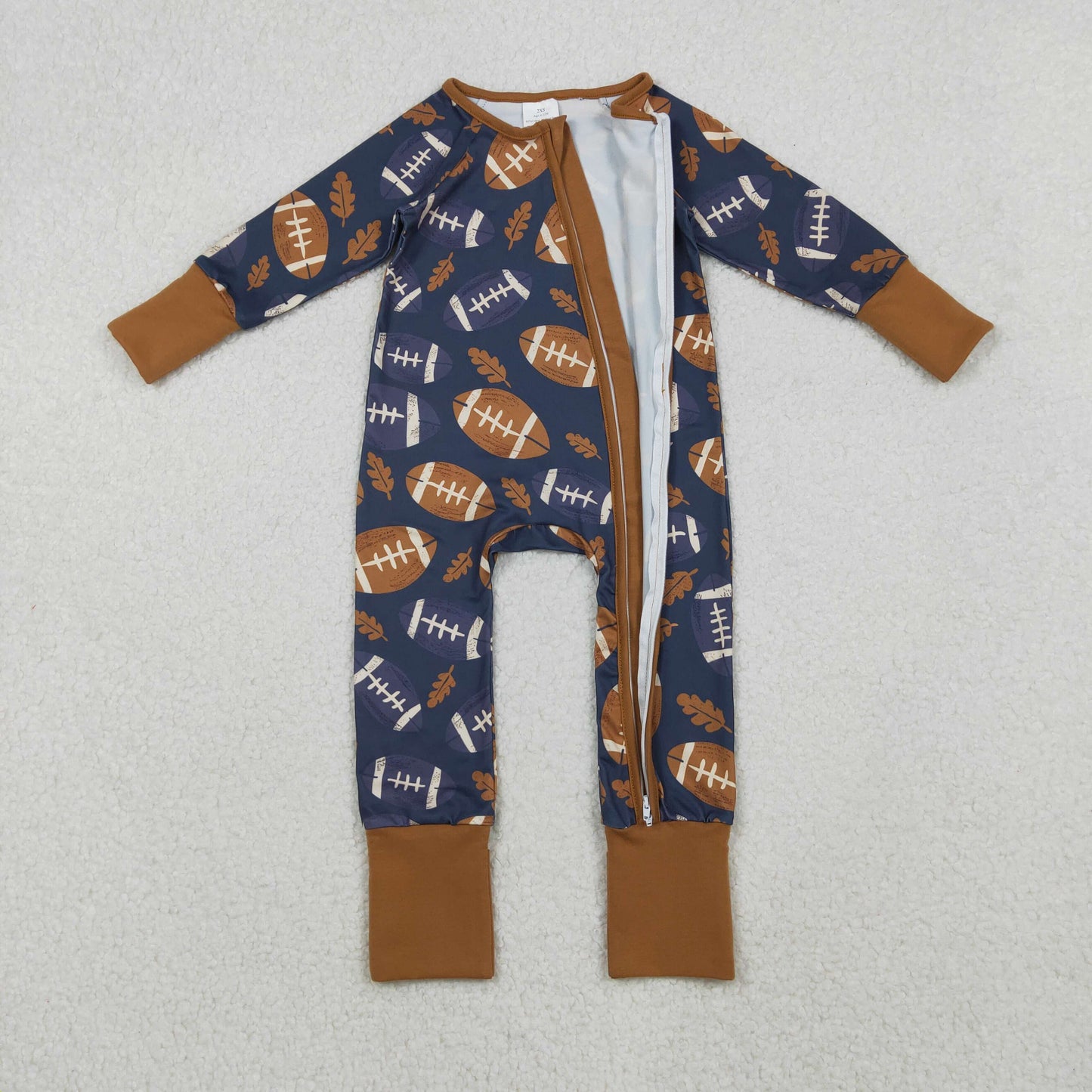 LR2543 Football Leaf Print Baby Boys Fall Zipper Sleeper Romper