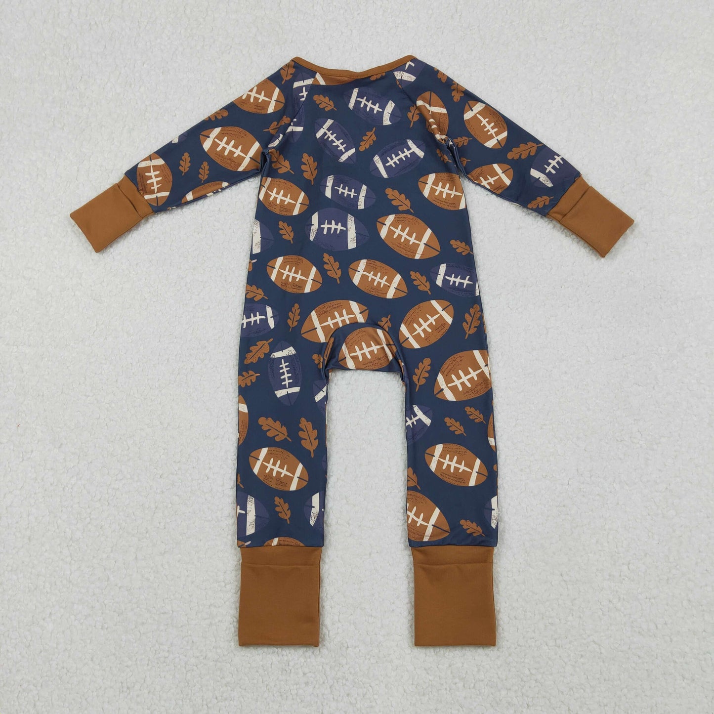 LR2543 Football Leaf Print Baby Boys Fall Zipper Sleeper Romper