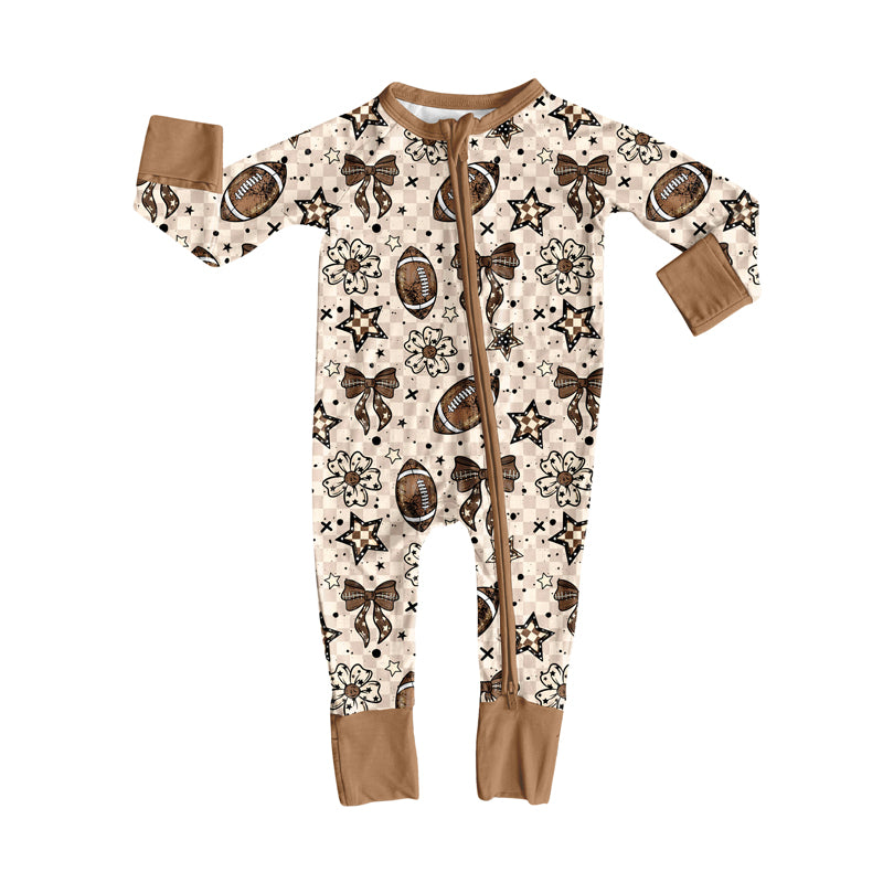 (Pre-order)LR2547 Football Flowers Bows Print Baby Girls Fall Zipper Sleeper Romper
