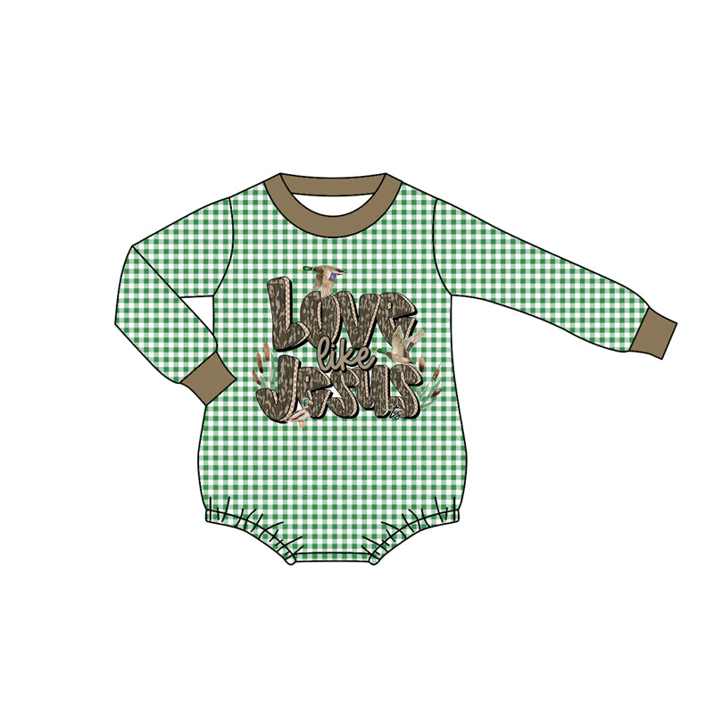 (Pre-order)LR2550 LOVE Like Jesus Duck Green Plaid Print Baby Boys Fall Romper