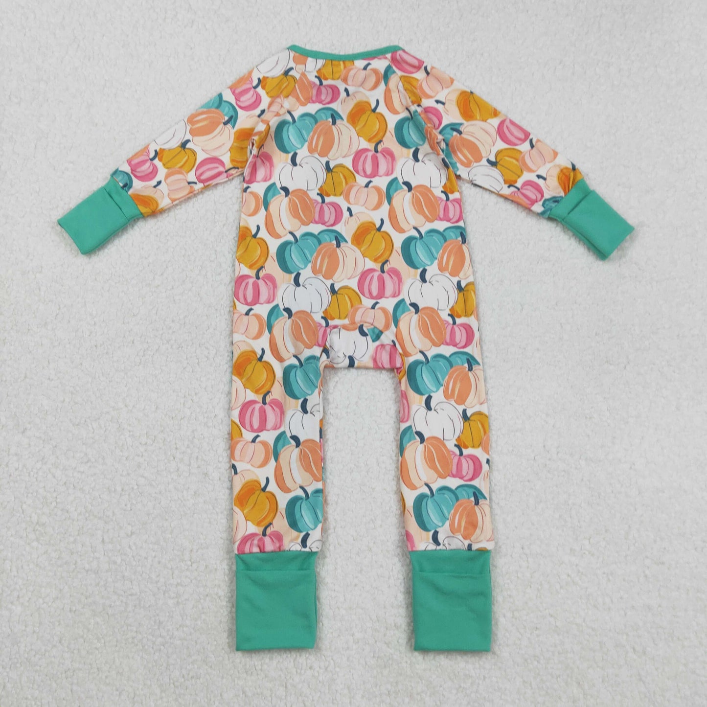 LR2552 Colorful Pumpkin Print Baby Girls Fall Zipper Sleeper Romper