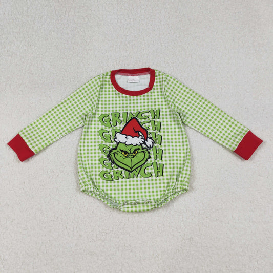 LR2555 Green Frog Plaid Print Baby Boys Christmas Romper