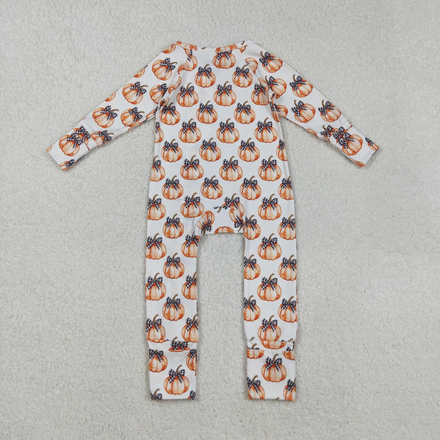 LR2557 Pumpkin Bows Print Baby Girls Fall Zipper Sleeper Romper