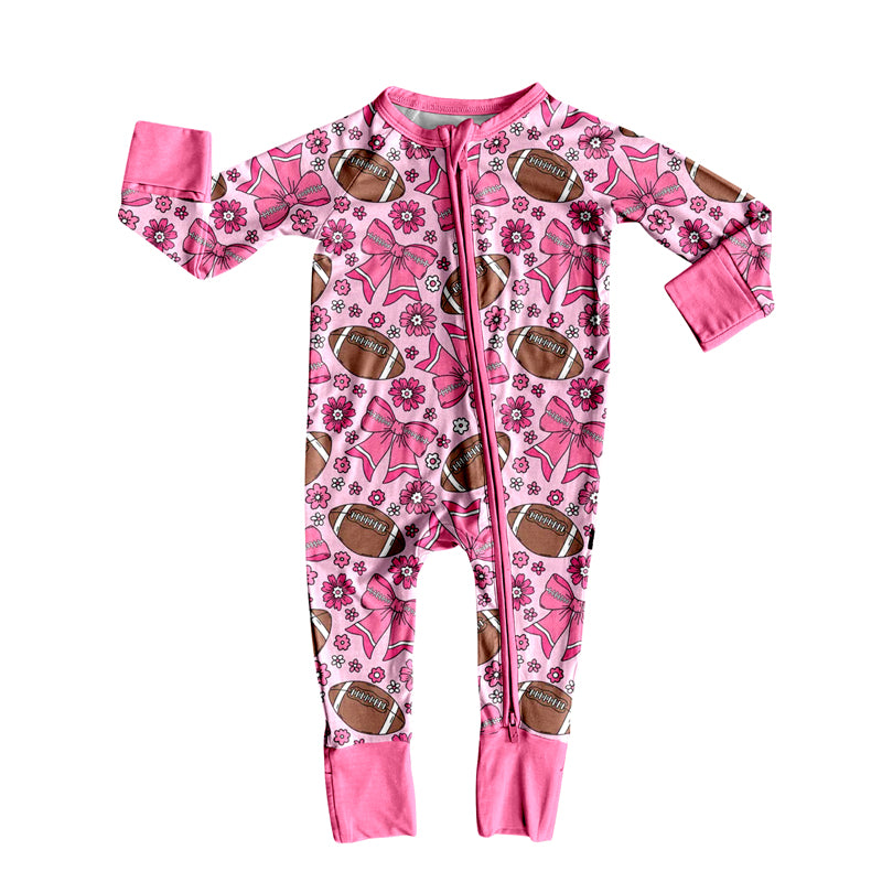(Pre-order)LR2559 Football Bows Flowers Print Baby Girls Fall Zipper Sleeper Romper
