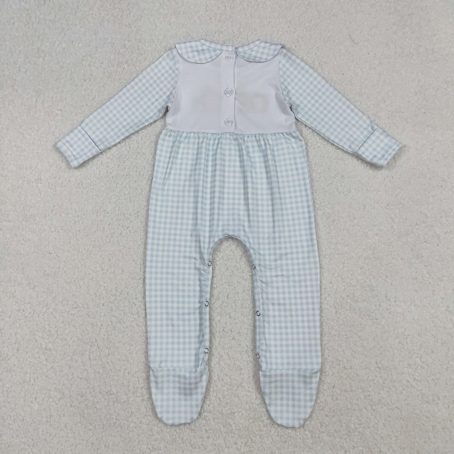 LR2560 Pumpkin Embroidery Blue Plaid Print Baby Fall Footed Romper