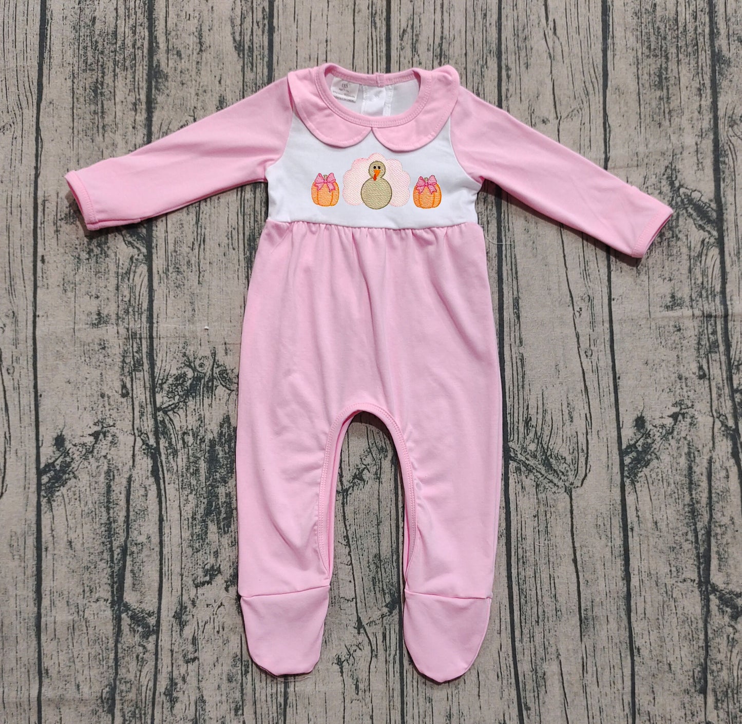 (Pre-order)LR2563 Turkey Pumpkin Pink Print Baby Girls Thanksgiving Romper