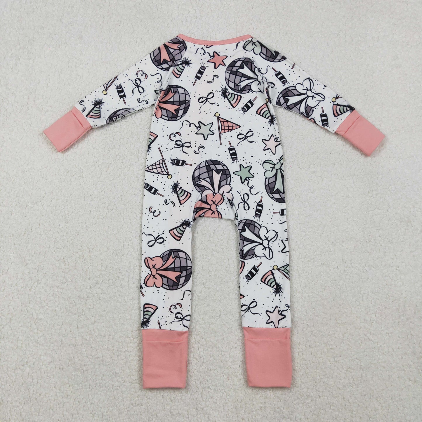LR2571 Fireworks Stars Bows Print Baby Girls Happy New Year Zipper Sleeper Romper
