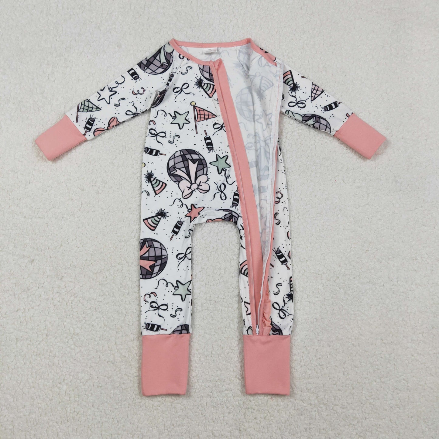 LR2571 Fireworks Stars Bows Print Baby Girls Happy New Year Zipper Sleeper Romper